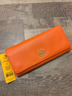 Tory Burch Blood Orange Saffiano Continental Wallet with Gold Logo